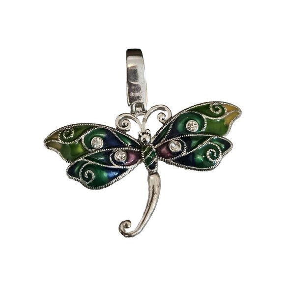 Dragonfly Necklace Pendant Silver Tone Colorful Painted Enamel & Rhinestones - Picture 1 of 3